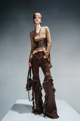 Versatile Silk Flow Long-Sleeved Top(Detachable with silk Scarf) - Brown