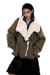 Strap-Detail Fur Collar Cotton Jacket