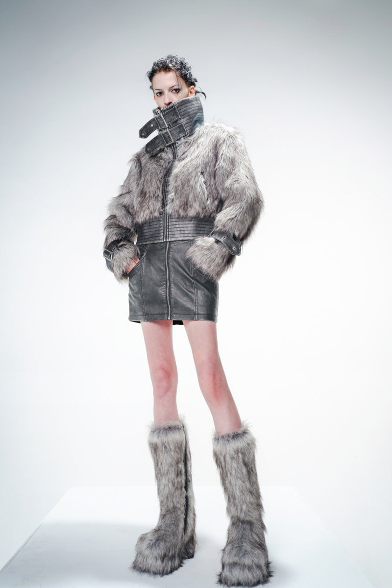 Textured Realm Leather & Fur Jacket-Gray