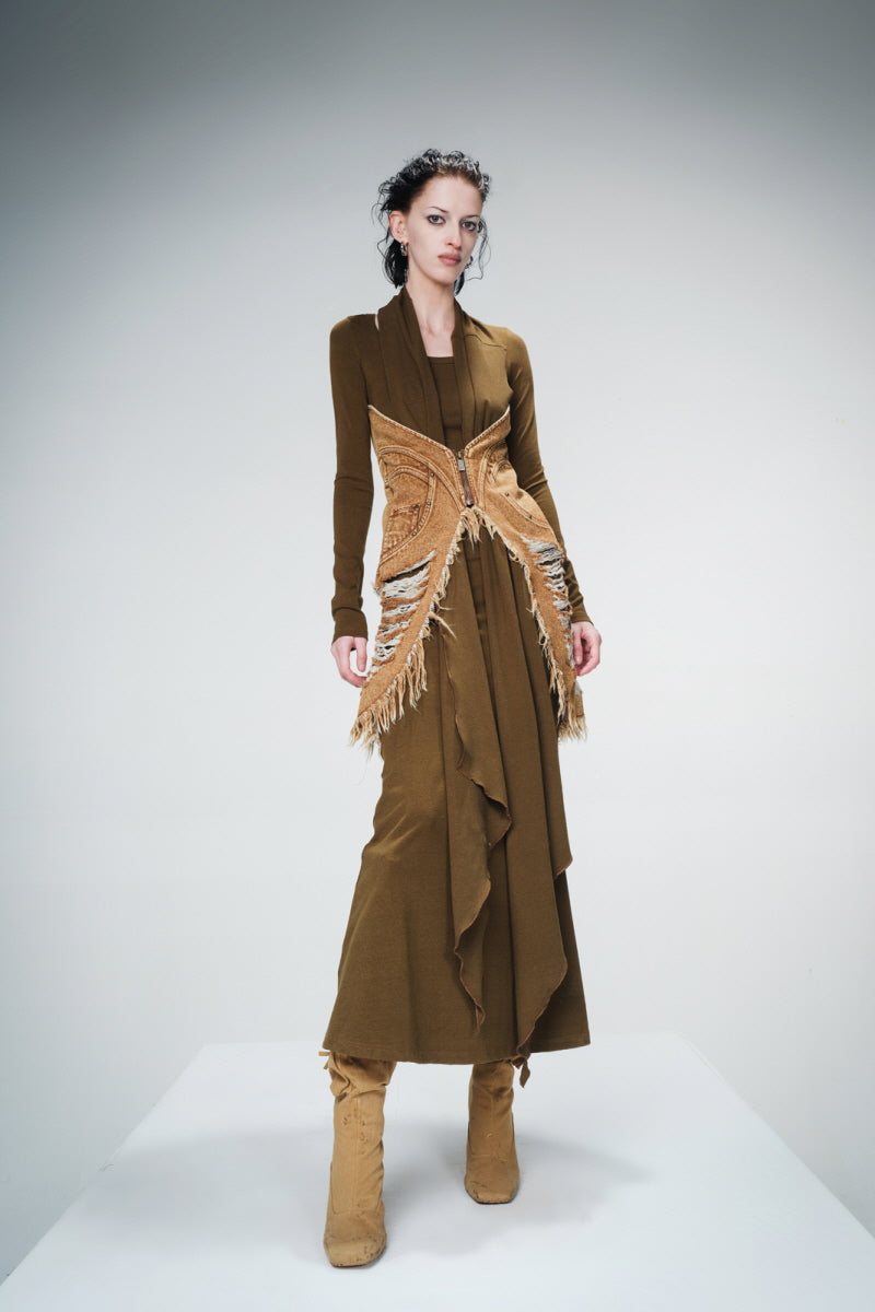 Denim-Accent Long Flow Gown with Wrap Details - Brown