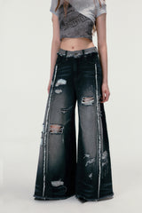 Ripped Black Wide-Leg Retro Denim Pants