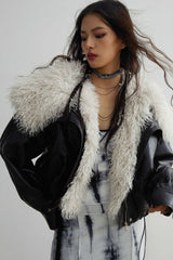 Siberian Vintage Faux Leather Jacket with Detachable Faux Fur Collar