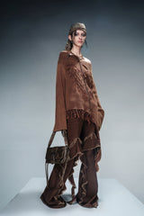 Bohemian Spirit Asymmetrical Fringe Sweater-Brown