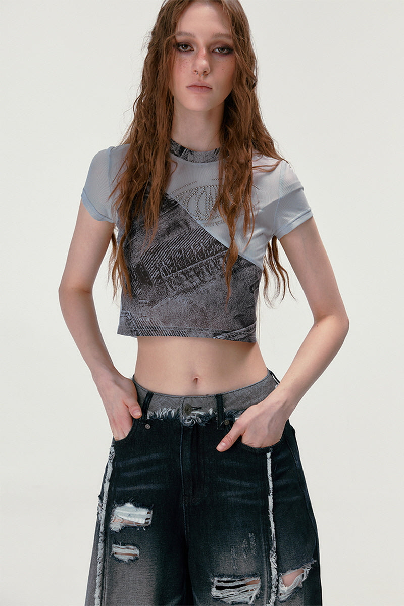 Denim Patch Rivet Mesh Crop T-Shirts