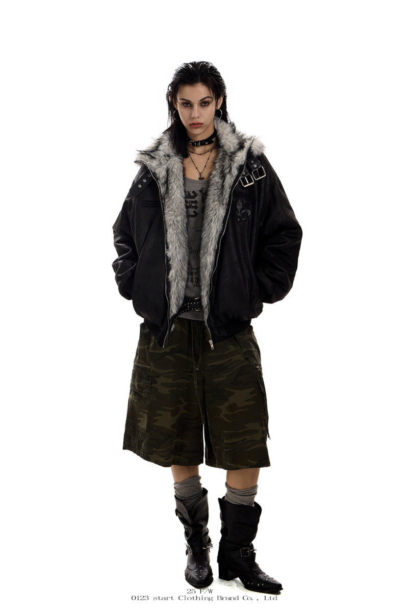 Shadow Crest Faux-Fur Suede Bomber Jacket - Black