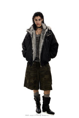 Shadow Crest Faux-Fur Suede Bomber Jacket - Black