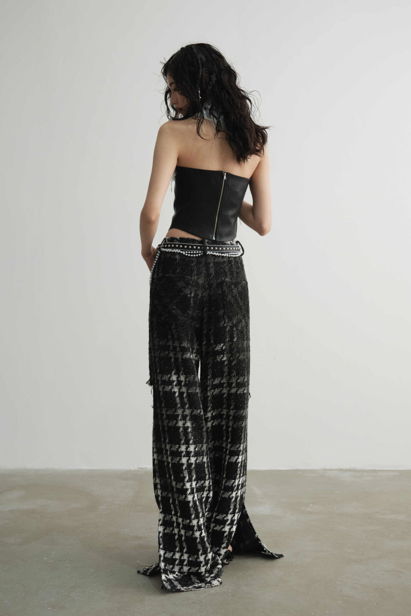 Raw Edge Destruction Plaid Wide-Leg Pants