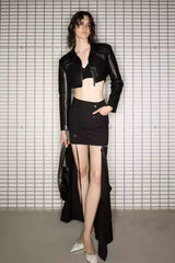 Cropped Leather Jacket with Waist Seal Two-Piece Set Black