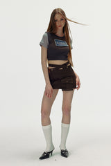 Denim Patch Drawstring Crop T-Shirts