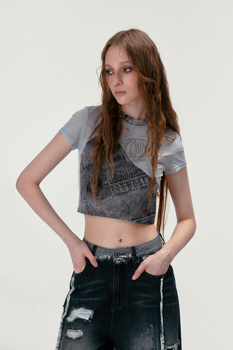 Denim Patch Rivet Mesh Crop T-Shirts