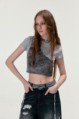 Denim Patch Rivet Mesh Crop T-Shirts