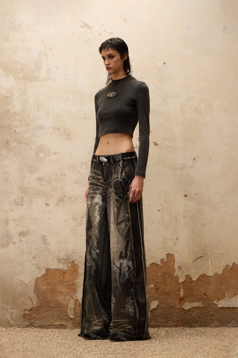 Abstract Shadow Wide-Leg Graffiti Denim