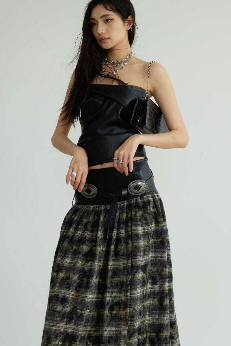 Dark Retro Plaid Low-Rise Maxi Skirt