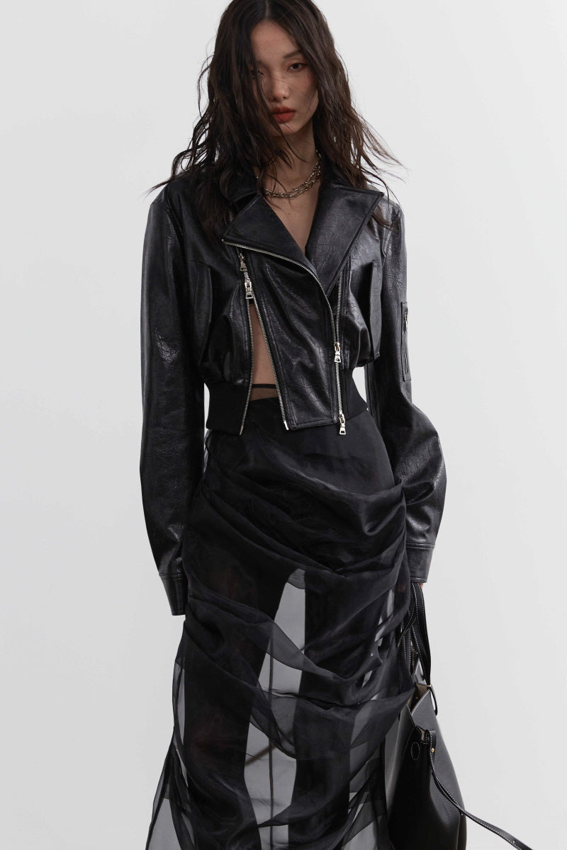 Noir Edge: High-Waist Cut-Out Leather Biker Jacket