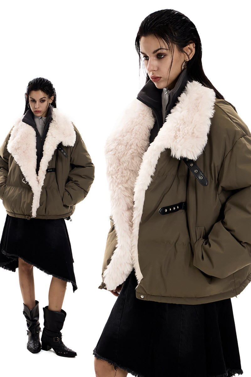 Strap-Detail Fur Collar Cotton Jacket