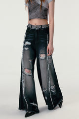 Ripped Black Wide-Leg Retro Denim Pants