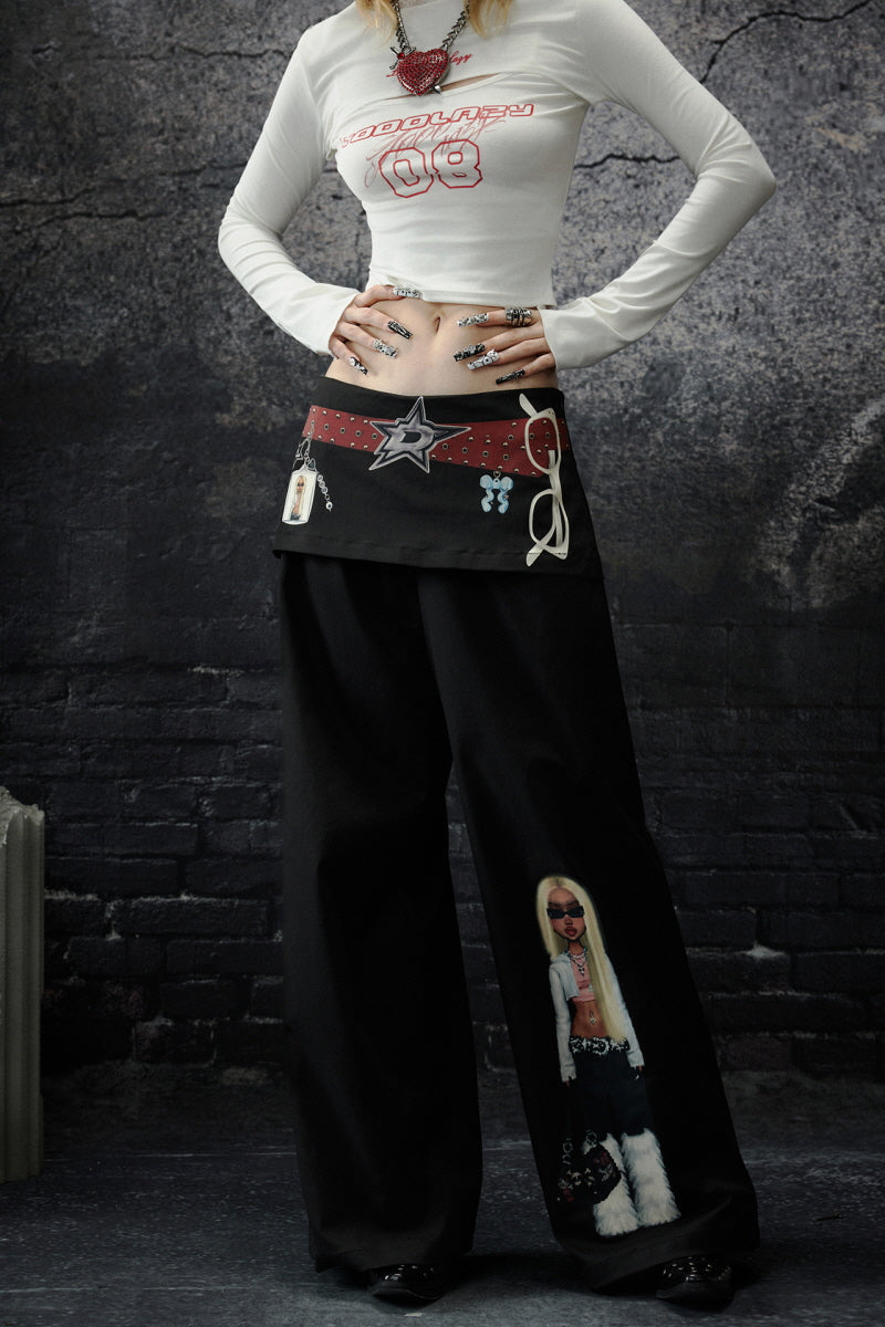Retro Graphic Wide-Leg Pants