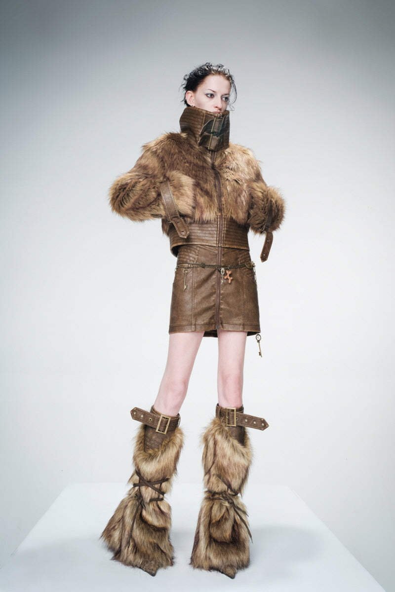 Textured Realm Leather & Fur Jacket-Brown