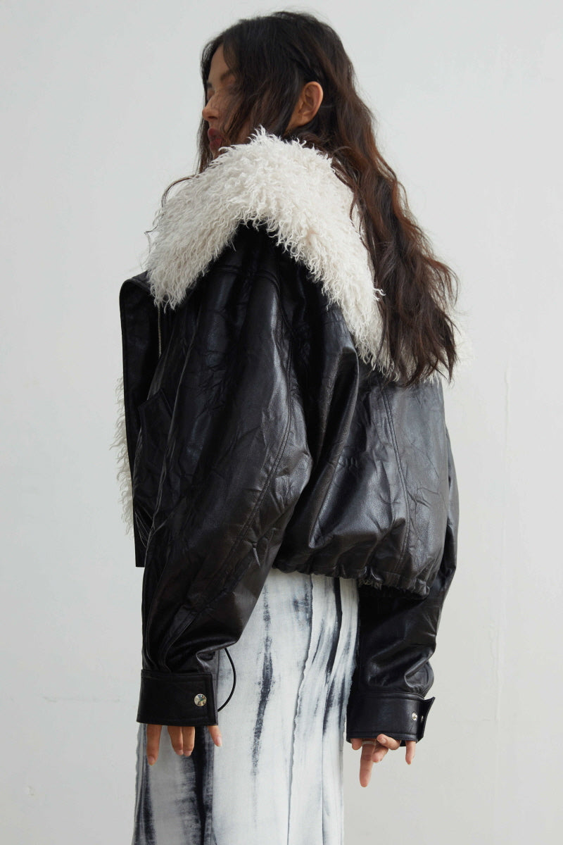 Siberian Vintage Faux Leather Jacket with Detachable Faux Fur Collar