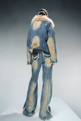 Distressed Elegance Faded Denim Jacket with Wool Collar