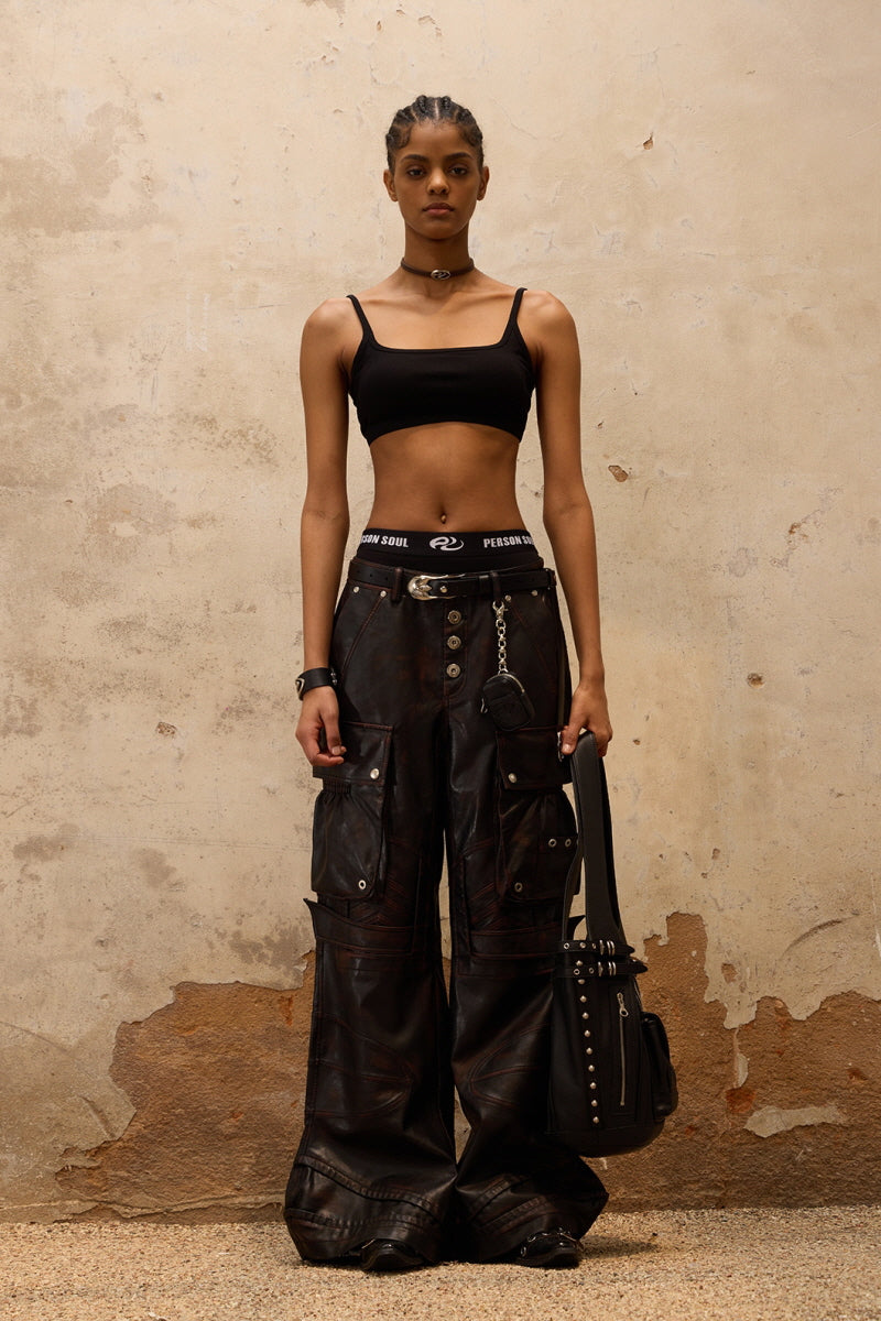 Rivet-Edged Wide-Leg Leather Pants