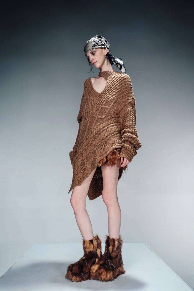 Asymmetrical Cozy Drape Knit Pullover-Brown