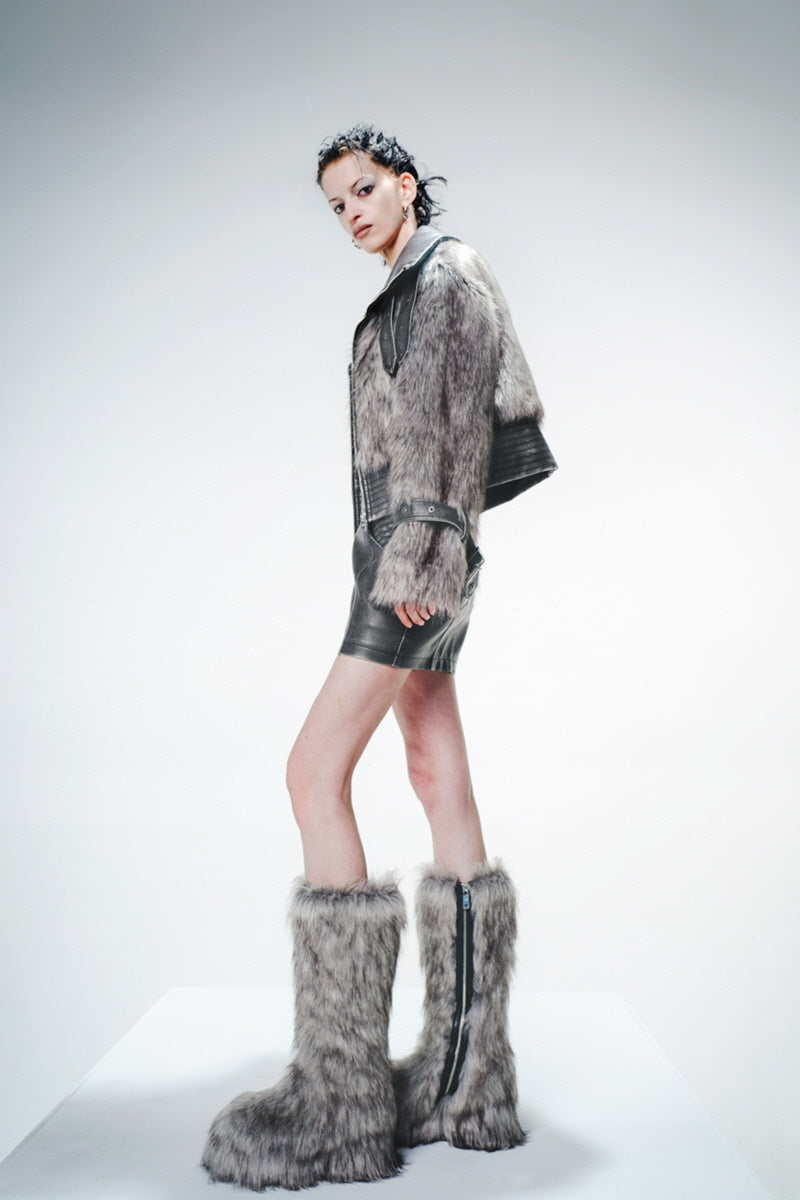 Textured Realm Leather & Fur Jacket-Gray