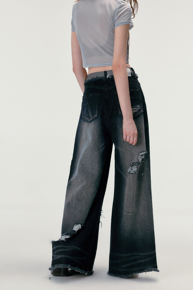 Ripped Black Wide-Leg Retro Denim Pants