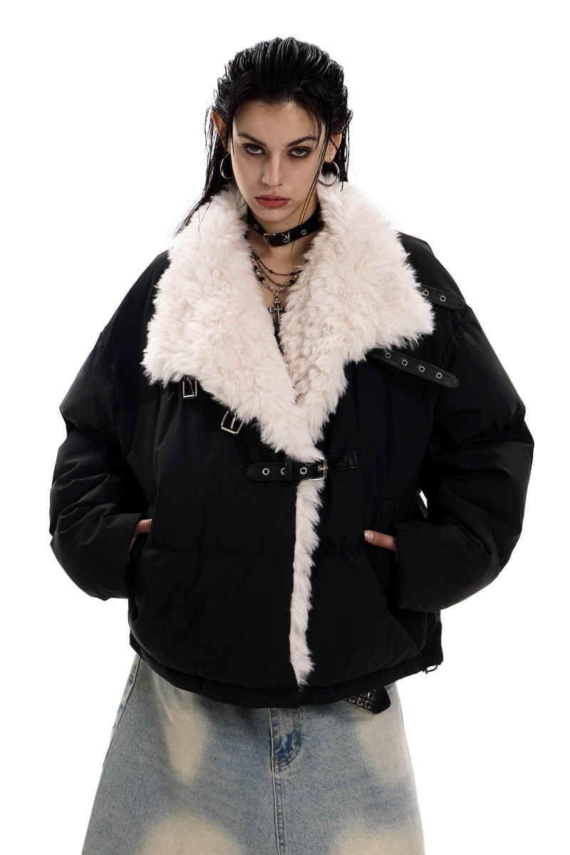 Strap-Detail Fur Collar Cotton Jacket