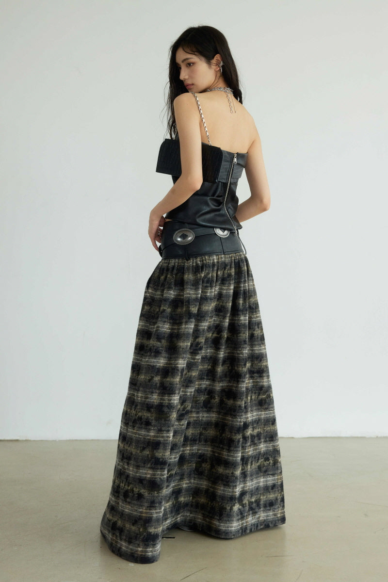 Dark Retro Plaid Low-Rise Maxi Skirt