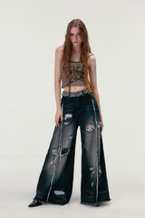 Ripped Black Wide-Leg Retro Denim Pants