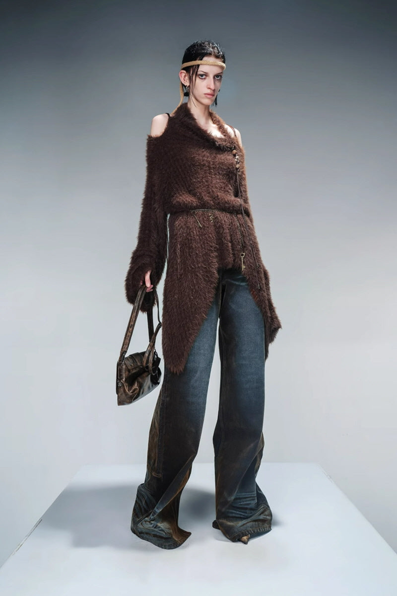 Draped Whisper Asymmetrical Sweater-Brown