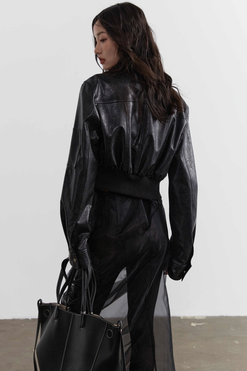 Noir Edge: High-Waist Cut-Out Leather Biker Jacket