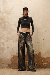 Abstract Shadow Wide-Leg Graffiti Denim