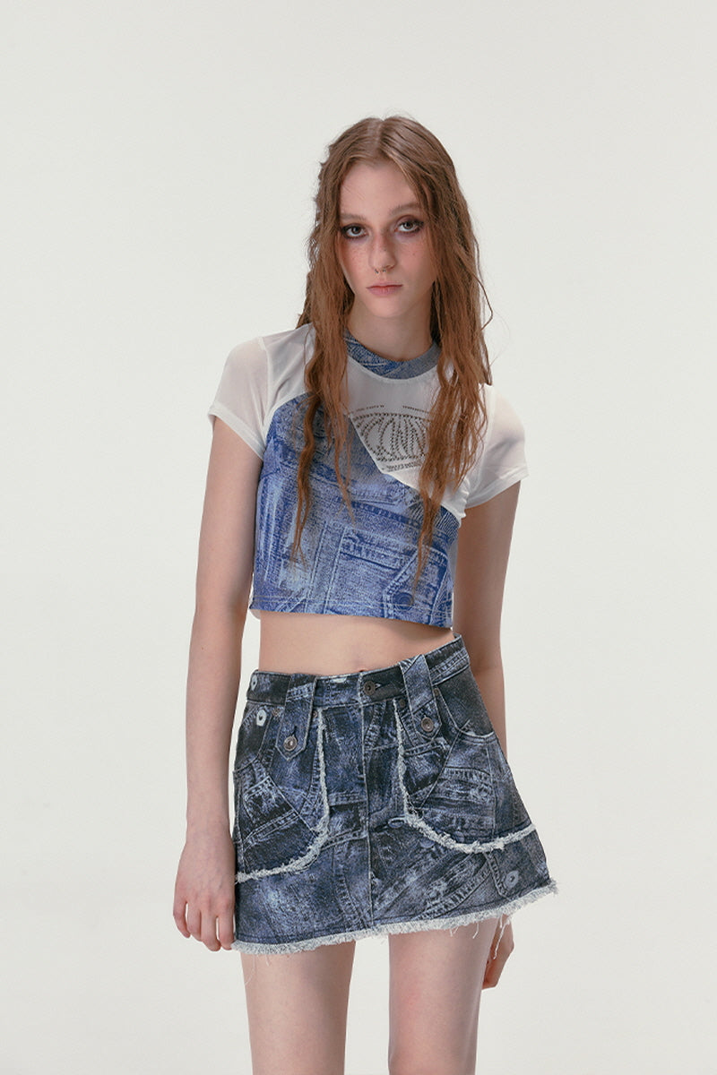 Denim Patch Rivet Mesh Crop T-Shirts