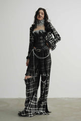 Raw Edge Destruction Plaid Wide-Leg Pants