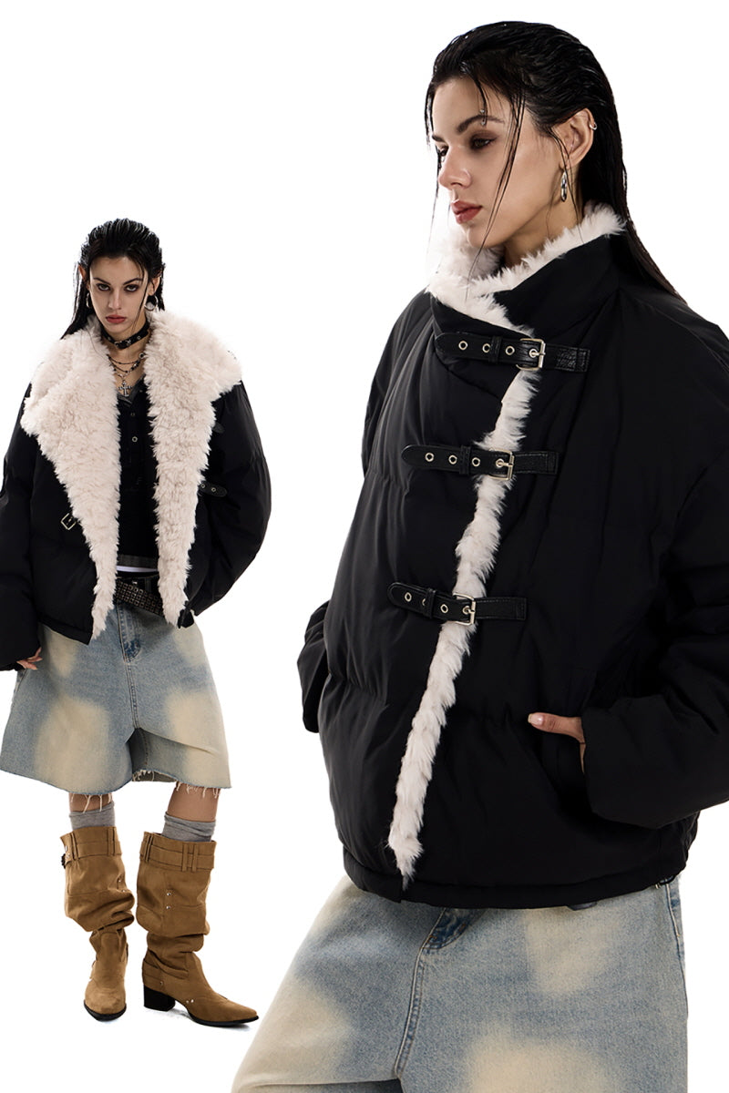 Strap-Detail Fur Collar Cotton Jacket