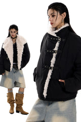 Strap-Detail Fur Collar Cotton Jacket