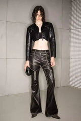 Cropped Leather Jacket with Waist Seal Two-Piece Set Black