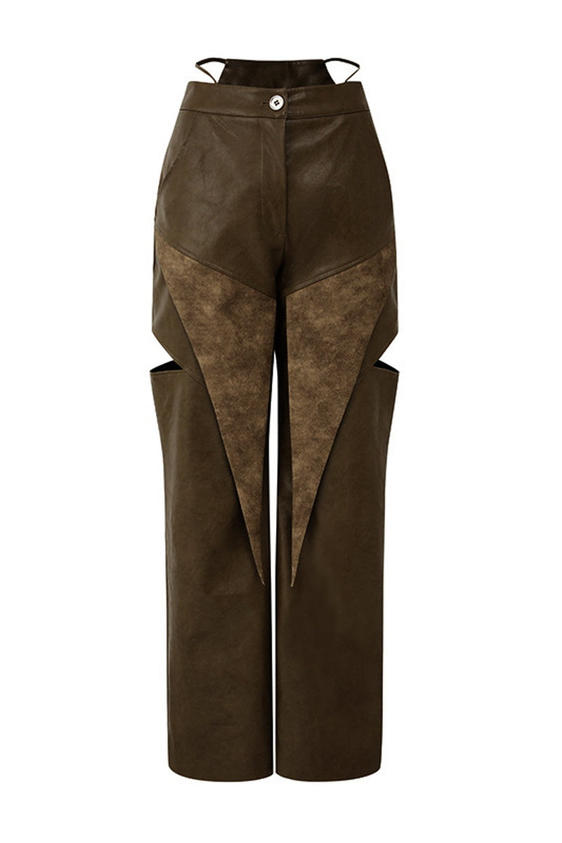 Caramel Brown Vintage Washed Cut-out Panel Wide-Leg Pants