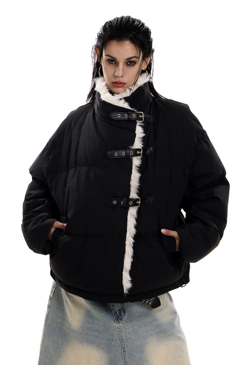 Strap-Detail Fur Collar Cotton Jacket