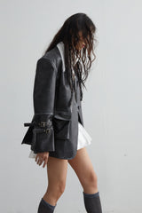 Vintage Rubbed PU Leather Jacket with 3D Pockets