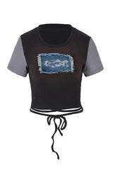 Denim Patch Drawstring Crop T-Shirts