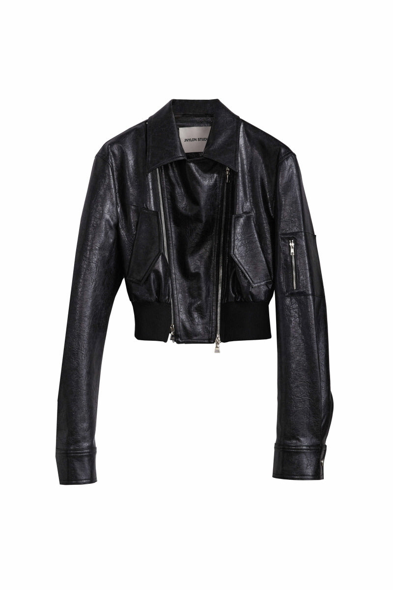 Noir Edge: High-Waist Cut-Out Leather Biker Jacket