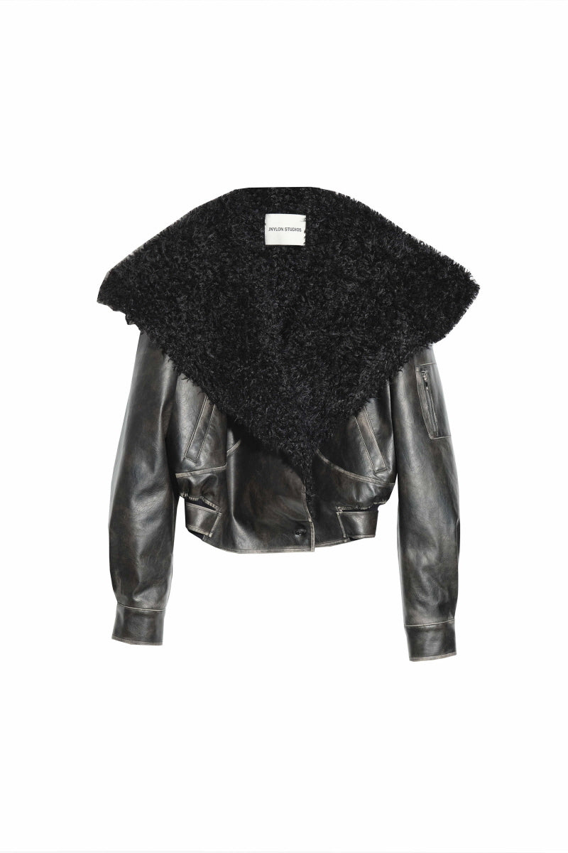 Vintage Noir Distressed Leather Jacket with Oversized Faux Fur Collar