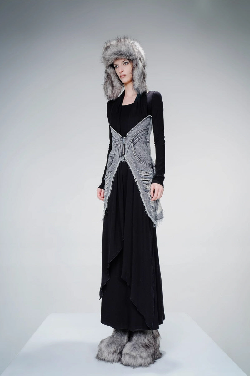 Denim-Accent Long Flow Gown with Wrap Details - Black