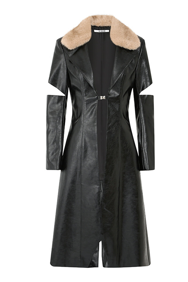 Cut-Out Fur Collar Leather Trench Coat