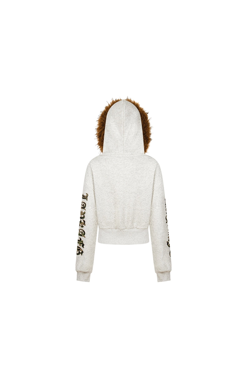 Fur-Trim Rebel Crop Hoodie -Gray