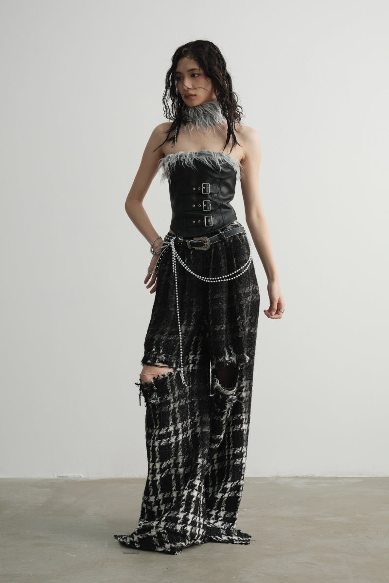 Raw Edge Destruction Plaid Wide-Leg Pants