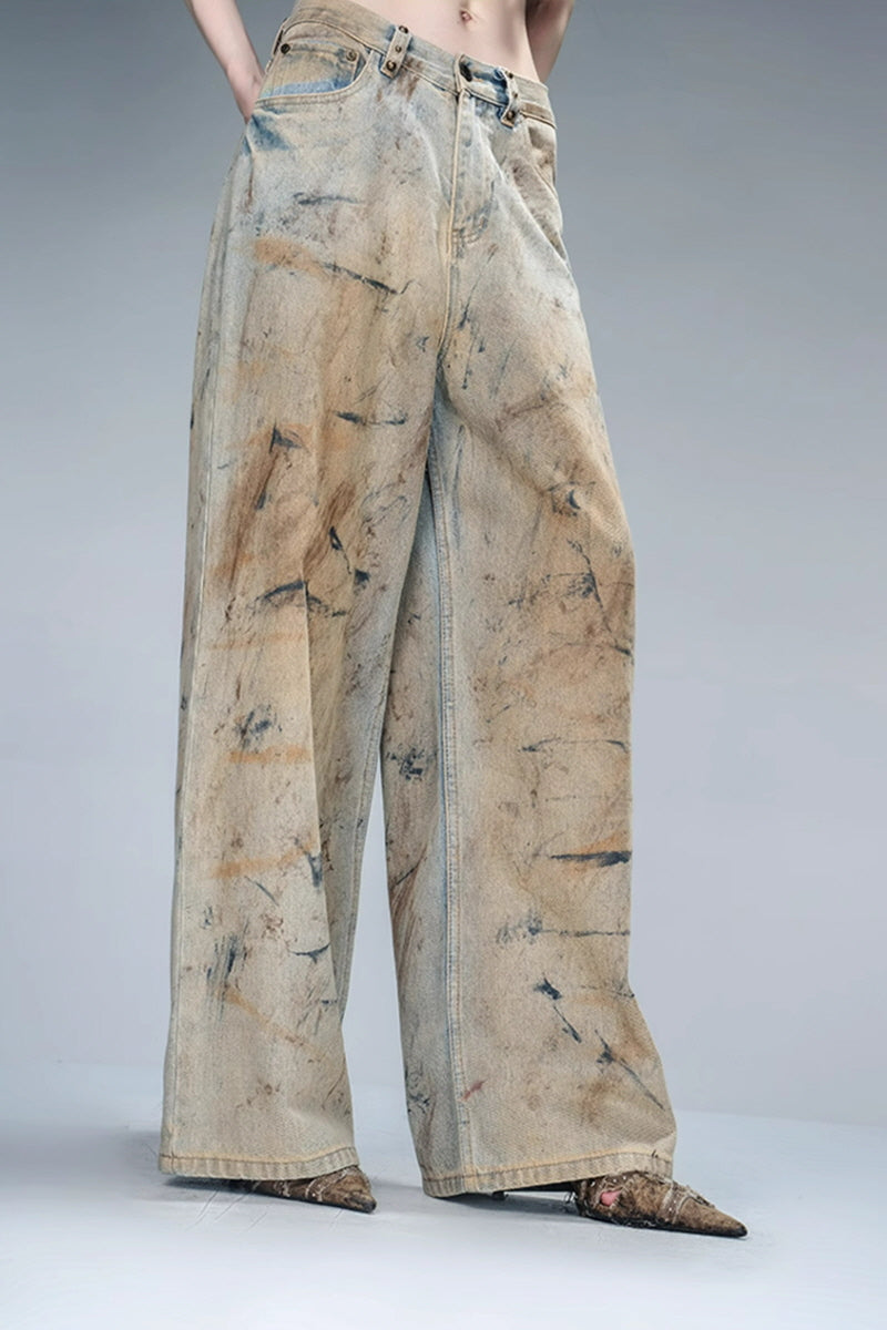 Art-Stained Wide-Leg Denim Pants